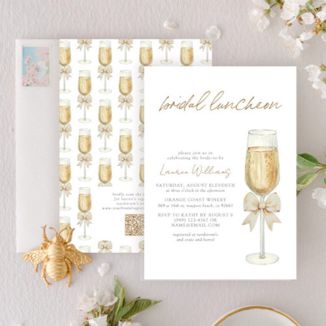 Eleganter QR-Code Champagne Chic Bow Braut-Luncheo Einladung (Von Creator hochgeladen)