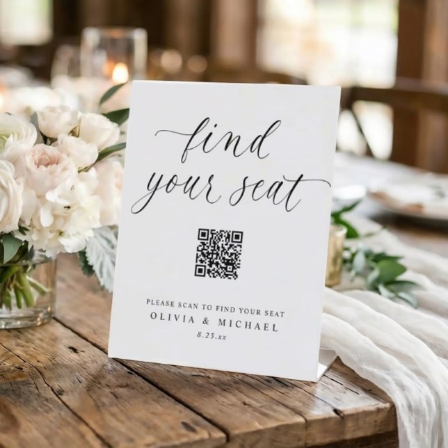 Eleganter QR-Code Digital Sitzplan Hochzeit Sockelschild (Elegant simple wedding seating chart sign with trendy script and QR code - Find Your Seat)