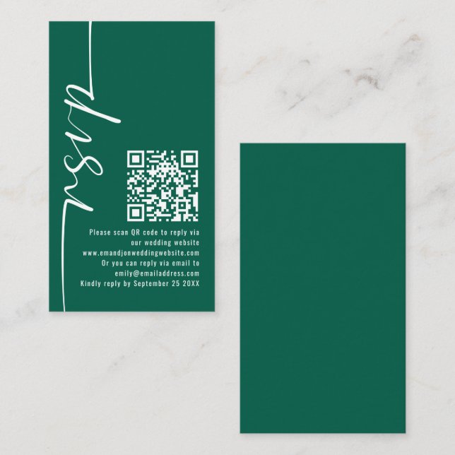 Eleganter QR Code Emerald Wedding RSVP Begleitkarte (Vorne/Hinten)