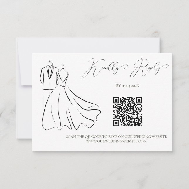 Eleganter QR Code für B&W Tux & Dress Wedding RSVP Karte (Vorderseite)