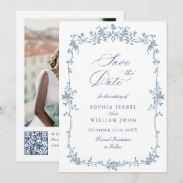 Eleganter QR-Code für Blue Toile Floral Wedding Save The Date