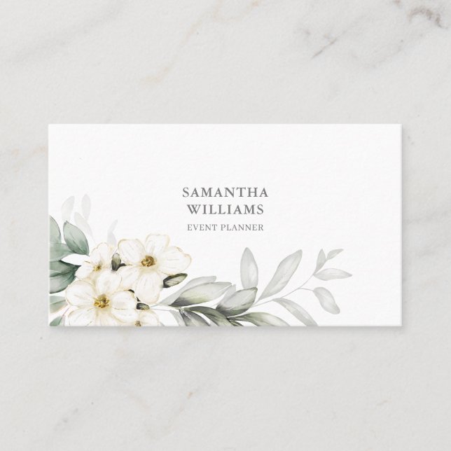 Eleganter QR-Code für den White Floral Event Plann Visitenkarte (Vorderseite)
