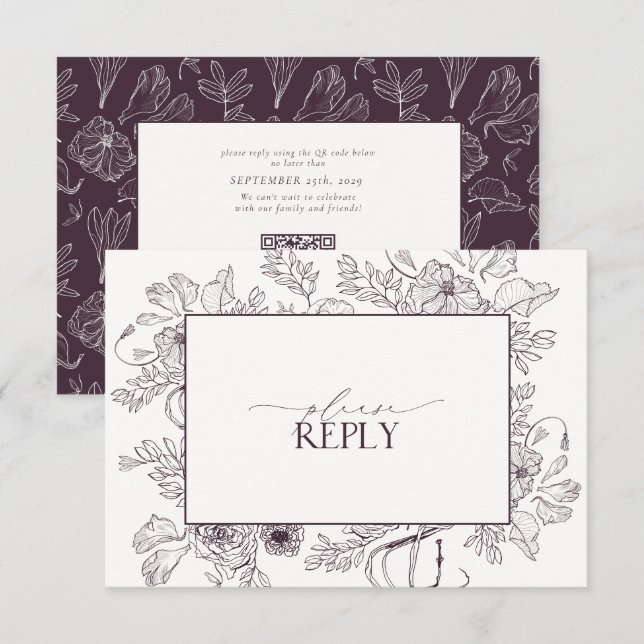 Eleganter QR-Code für Lila Blütenhochzeit RSVP Karte (Vorne/Hinten)