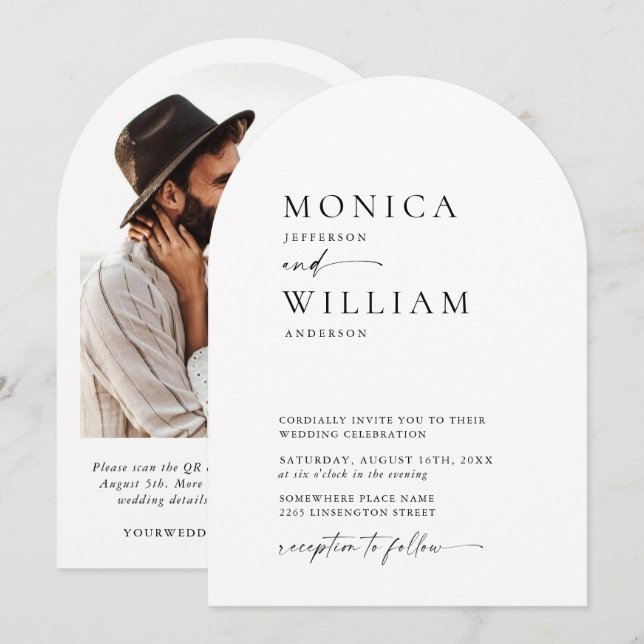 Eleganter QR-Code für Minimalistisches Arch Weddin Einladung (Vorne/Hinten)