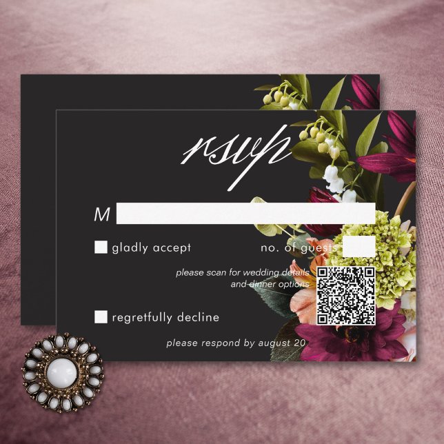Eleganter QR-Code für Moody Burgundy & Pink RSVP Karte (Elegant Moody Burgundy & Pink Floral QR Code RSVP Card)