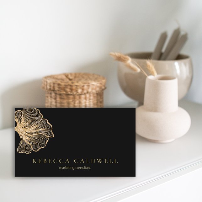 Eleganter QR-Code für Schwarze Gold Floral Visitenkarte (Elegant Black Gold Floral QR Code Business Card)