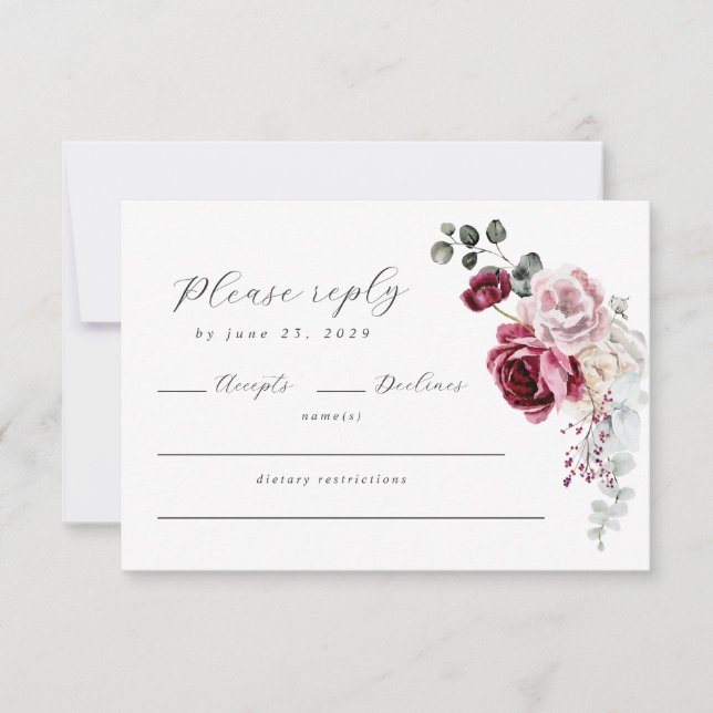 Eleganter QR-Code für Script Blush & Burgundy RSVP Karte (Vorderseite)