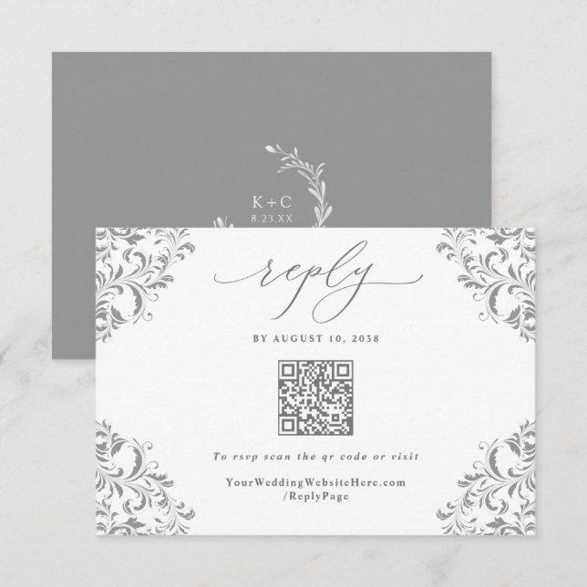 Eleganter QR-Code für Silbergrau Vintage RSVP Karte (Vorne/Hinten)