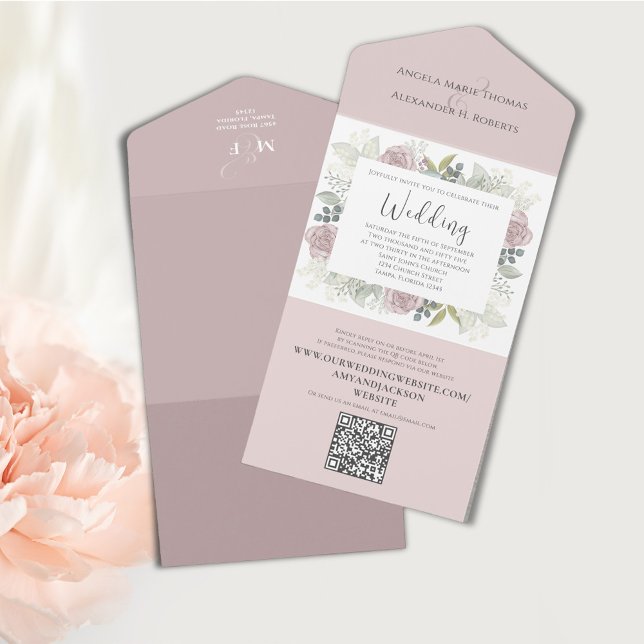 Eleganter QR-Code Rosa UAWG Online-Rose All In One Einladung (Elegant Wedding Invitation All in One style with a QR code and pink blush floral template. )
