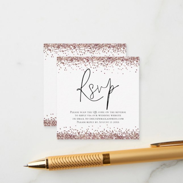 Eleganter QR Code Rose Gold Glitzer Wedding RSVP Begleitkarte (Vorderseite/Rückseite Beispiel)