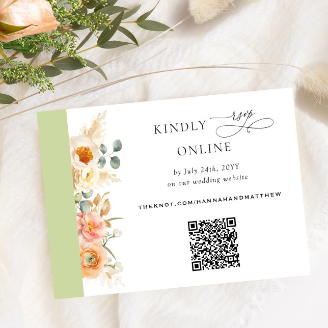 Eleganter QR Code UAWG Peach und Grüne Hochzeit Begleitkarte (Von Creator hochgeladen)