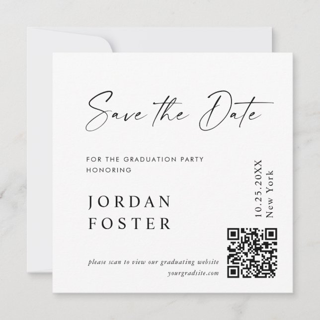 Eleganter QR-Foto für Minimalistischen Abschluss Save The Date (Vorderseite)