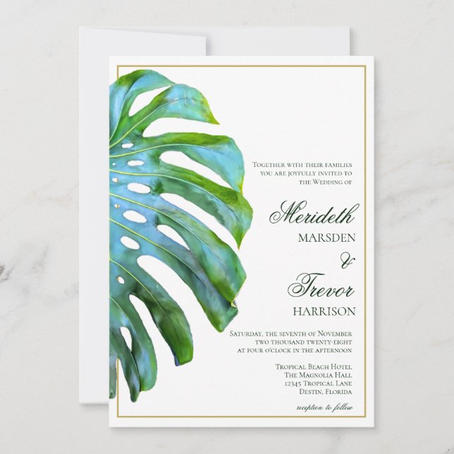 Eleganter QR Tropical Monstera Leaf Gold Foto Beac Einladung (Vorderseite)