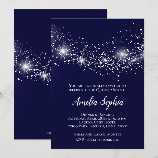 Eleganter Quinceañera Glitzer Navy Blue Invites (Vorne/Hinten)
