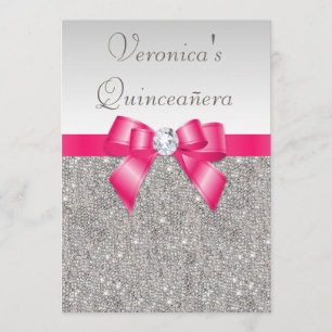 Eleganter Quinceñera Silver Sequins Hot Pink Bow Einladung