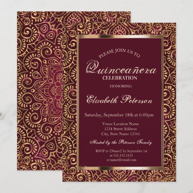 Eleganter Rahmen Confetti Gold Mandala Quinceñera Einladung (Vorne/Hinten)