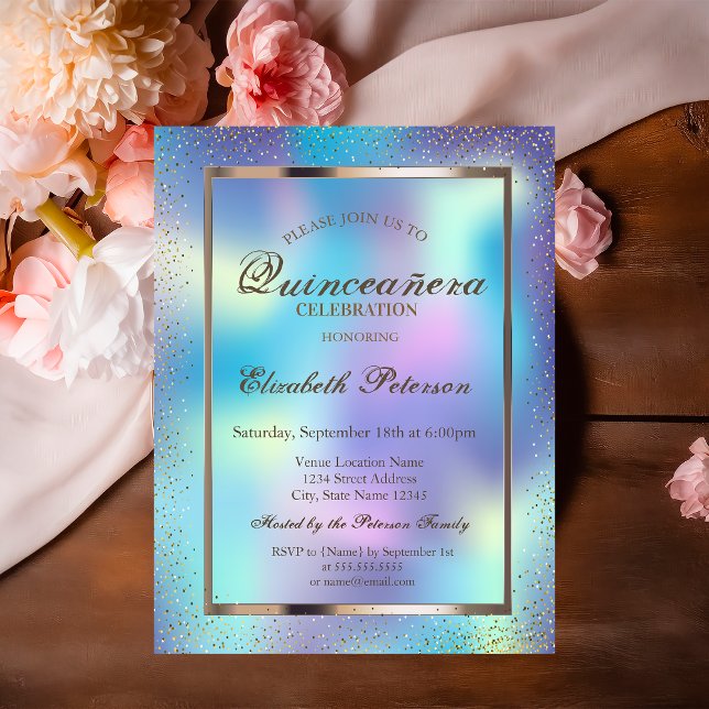 Eleganter Rahmen Confetti Holographic Quinceañera Einladung (Von Creator hochgeladen)