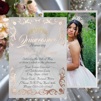 Eleganter Rahmen & Foto auf weißer Quinceanera Folieneinladung