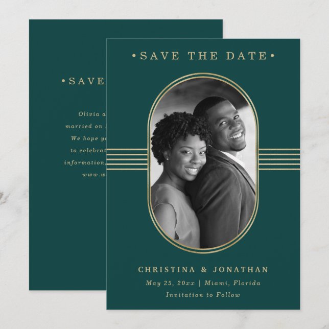 Eleganter Rahmen | Grün und Gold mit Foto Save The Date (Vorne/Hinten)