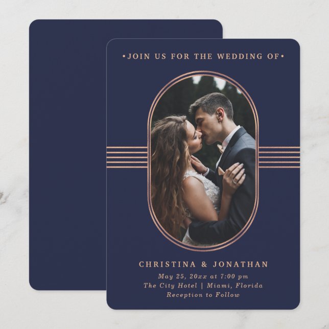 Eleganter Rahmen | Hochzeit von Navy und Rose Gold Einladung (Vorne/Hinten)