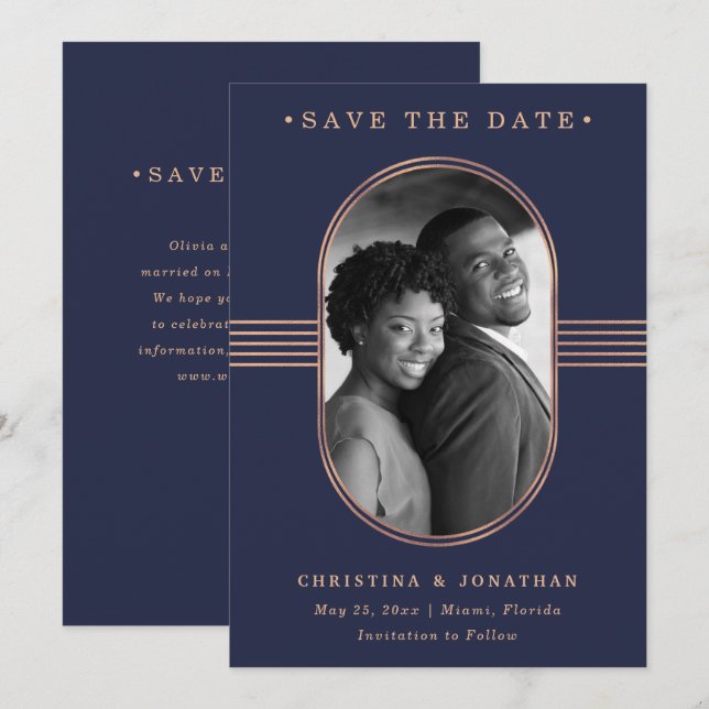 Eleganter Rahmen | Navy Blue und Rose Gold mit Fot Save The Date (Vorne/Hinten)