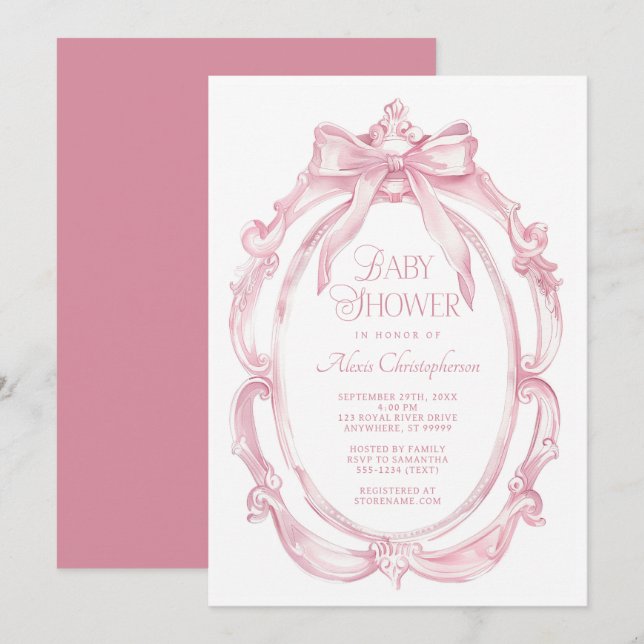 Eleganter Rahmen + Pink Bow Baby Dusche Einladung (Vorne/Hinten)