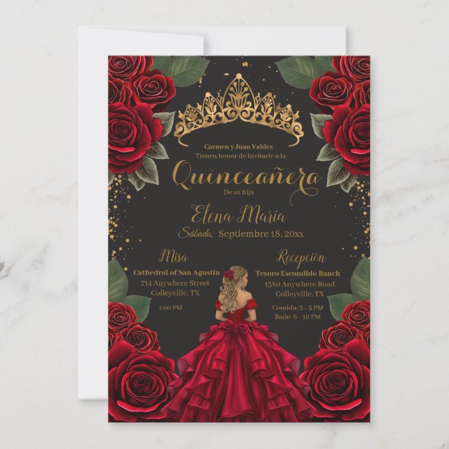 Eleganter Red Black Quinceñera Rose Gold Glitzer Einladung (Vorderseite)