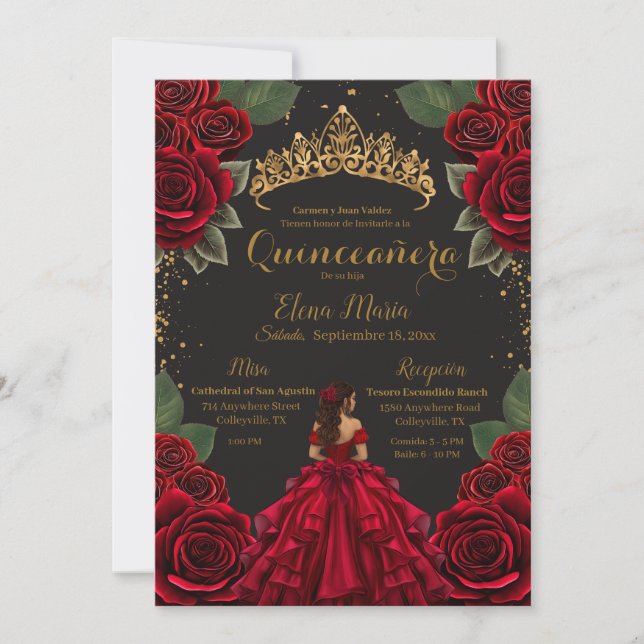 Eleganter Red Black Quinceñera Rose Gold Glitzer Einladung (Vorderseite)