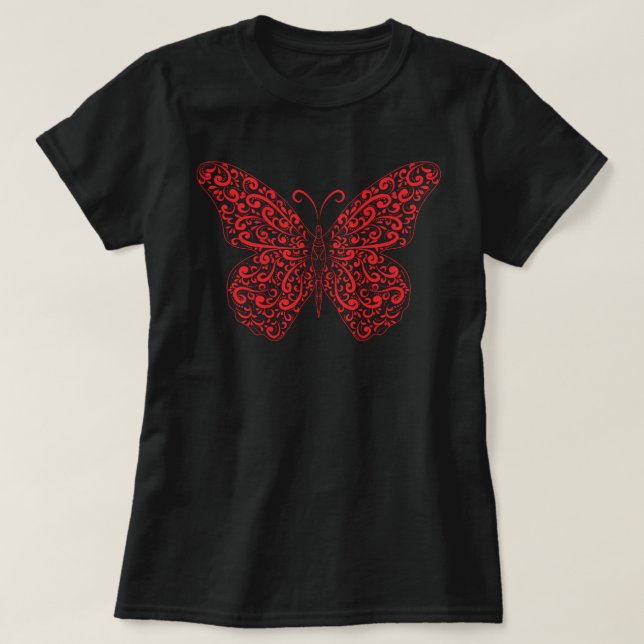 Eleganter Red Blüh Butterfly T - Shirt (Design vorne)