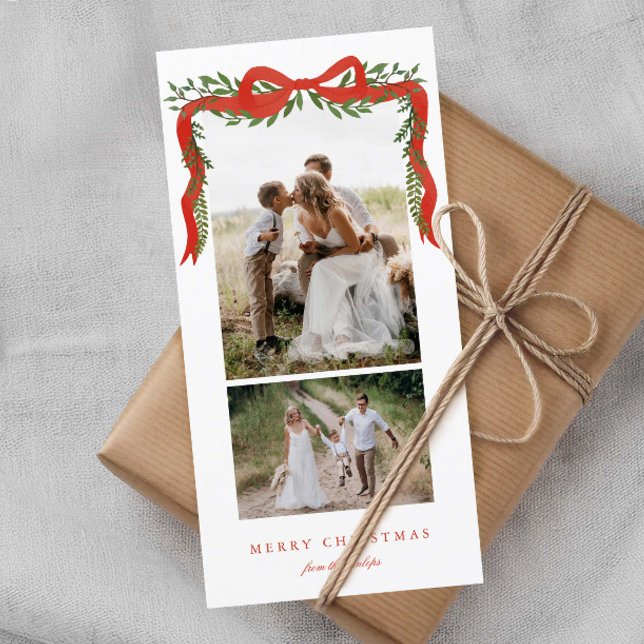 Eleganter Red Bow mit Grün 2 Foto Weihnachten (Elegant red bow with greenery 2 photo tall Christmas holiday cards.)