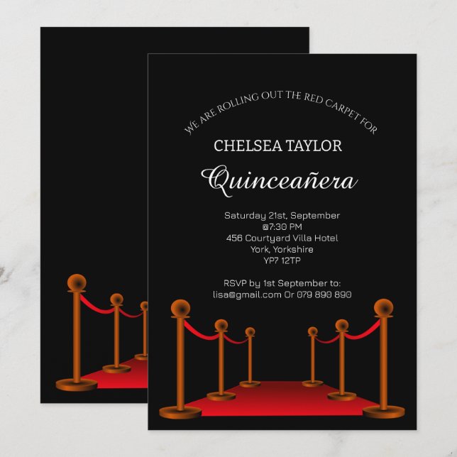 Eleganter Red Carpet Quinceañera Personalisiert Einladung (Vorne/Hinten)