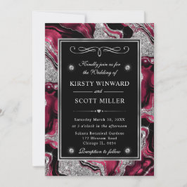 Eleganter Red Foil & Silver Glitzer Agate Wedding Einladung
