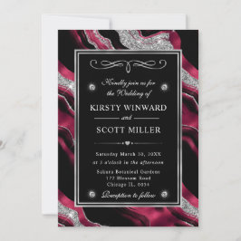 Eleganter Red Foil & Silver Glitzer Agate Wedding Einladung