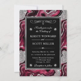 Eleganter Red Foil & Silver Glitzer Agate Wedding Einladung