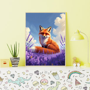 Eleganter Red Fox in einem lebendigen Lavendelfeld Poster