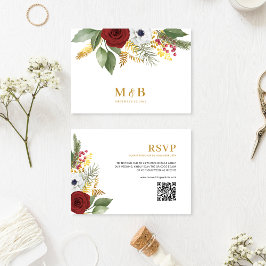 Eleganter Red Gold Floral Monogram QR Code Hochzei RSVP Karte