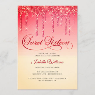 Eleganter Red Gold Glitzer 16 . Geburtstag Geburts Einladung