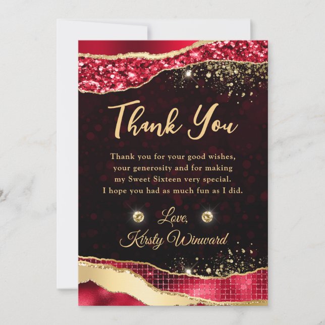 Eleganter Red & Gold Glitzer Glam Tränen Sweet 16 Dankeskarte (Vorderseite)