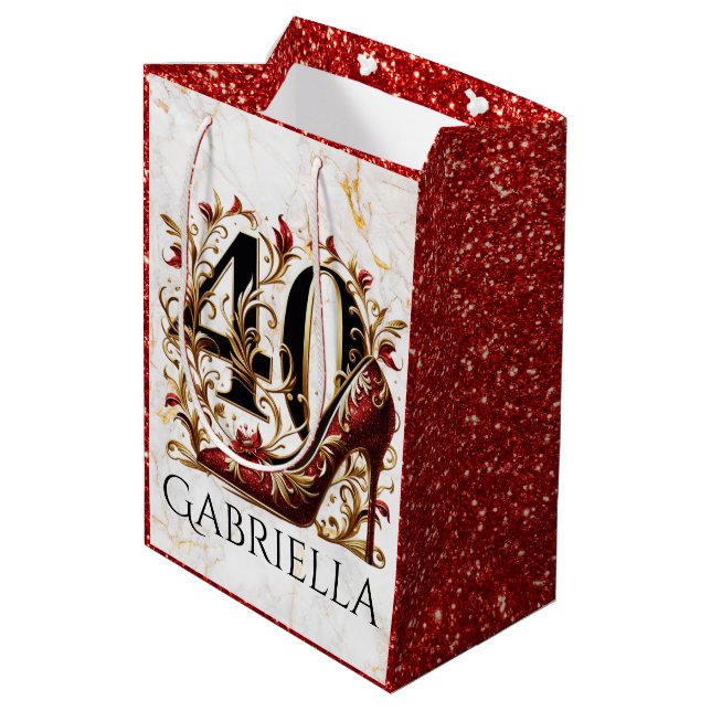Eleganter Red & Gold Glitzer High Heel 40. Geburts Mittlere Geschenktüte (Rückseite Schrägansicht)
