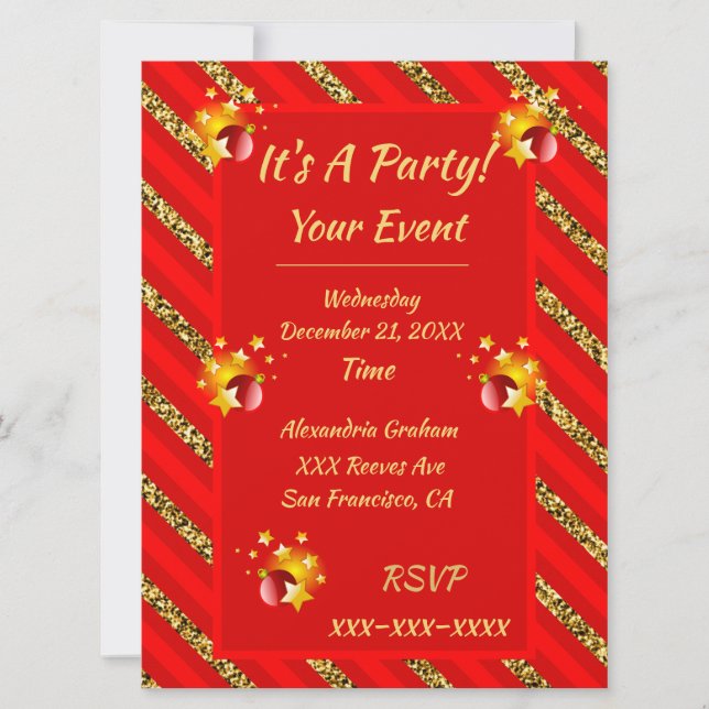 Eleganter Red & Gold Glitzer Stripes Party Einladung (Vorderseite)