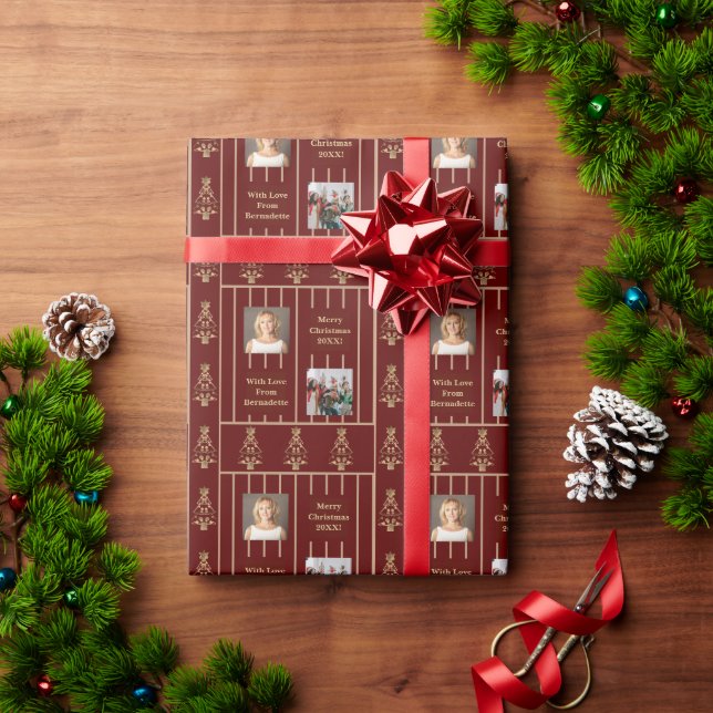 Eleganter Red Gold Striped 2 Foto Sentiment Text Geschenkpapier (Feiertagsgeschenk)