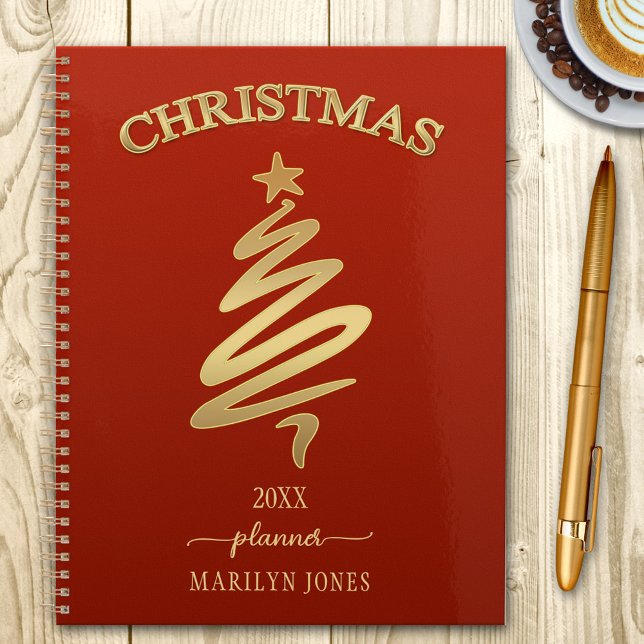Eleganter Red Gold Weihnachtsplaner Planer (Planner featuring an elegant gold stylized Christmas tree with script text on red burgundy)