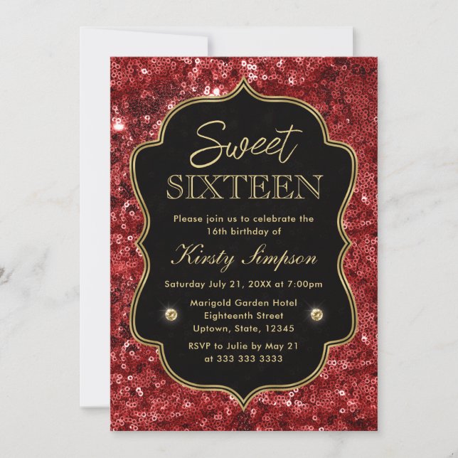 Eleganter Red Imitats Glitzer & Gold Winter Sweet  Einladung (Vorderseite)