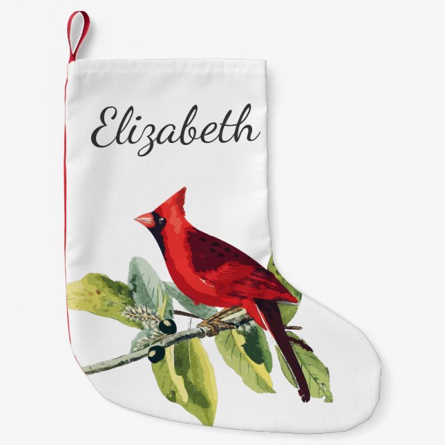 Eleganter Red Kardinal Bird & Name in Script Kleiner Weihnachtsstrumpf (Vorderseite)