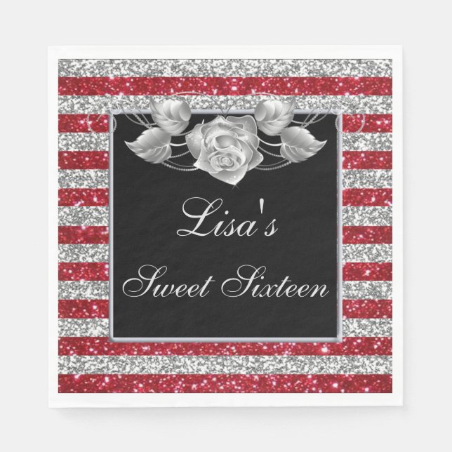 Eleganter Red Silver Glitzer Silver Rose Sweet 16 Serviette (Vorderseite)