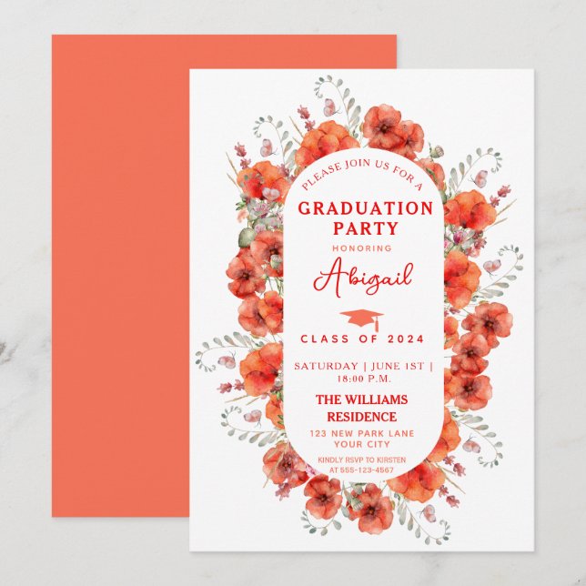 Eleganter Red Watercolor Poppies Abschluss Einladung (Vorne/Hinten)