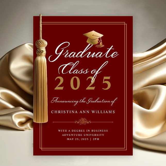 Eleganter Red White Gold Script Uni-Abschluß Ankündigung (Elegant Maroon Gold Script College Class of 2025 Graduation Announcement)