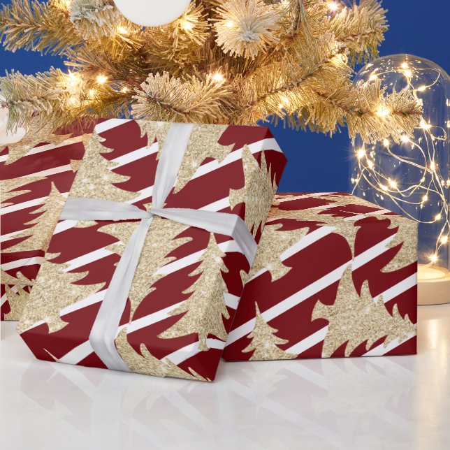 Eleganter Red White Stripe Gold Weihnachtsbaum  Geschenkpapier (Feiertage)