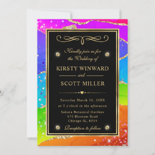 Eleganter Regenbogen Glitter Achat und Gold Hochze Einladung