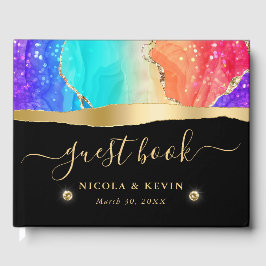Eleganter Regenbogen und Gold Glitzer Agate Weddin Gästebuch